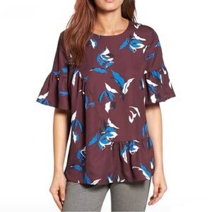 HALOGEN Peplum Ruffle Sleeve Print Blouse Top  Bias Cut Size Medium